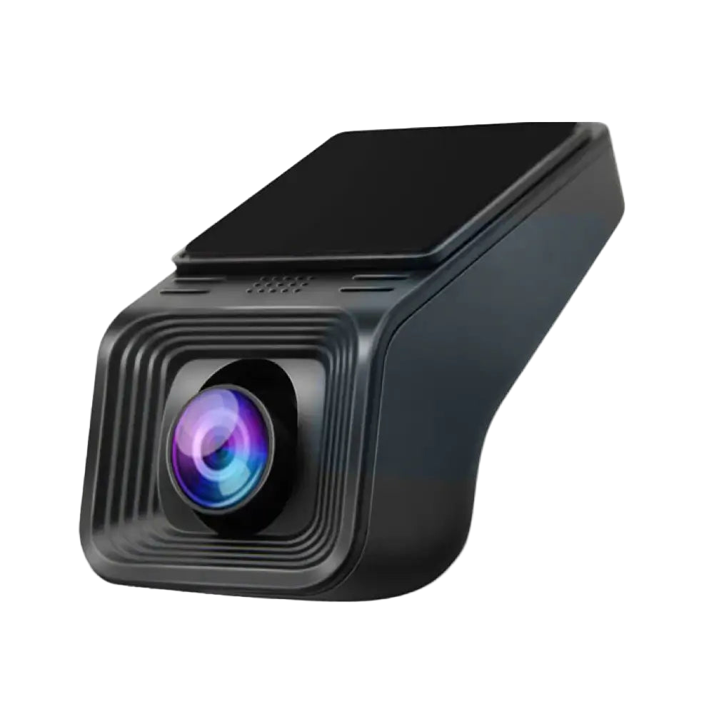 Black car dashboard camera with lens on a white background