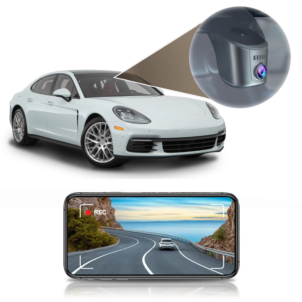 A Porsche vehicle with the OE Witness dash cam installed, and a visual representation of the dash cam interface on a smartphone displaying a road ahead view.